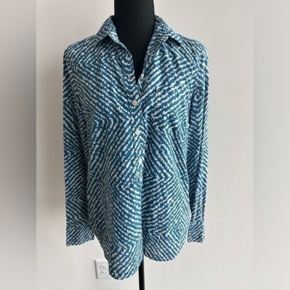 J.Crew Teal Patterned Half Button-up